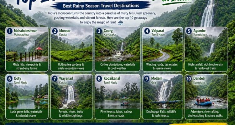 Top monsoon travel destinations in India with waterfalls and hills