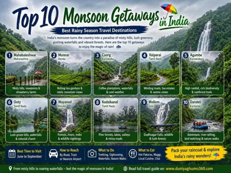 Top monsoon travel destinations in India with waterfalls and hills