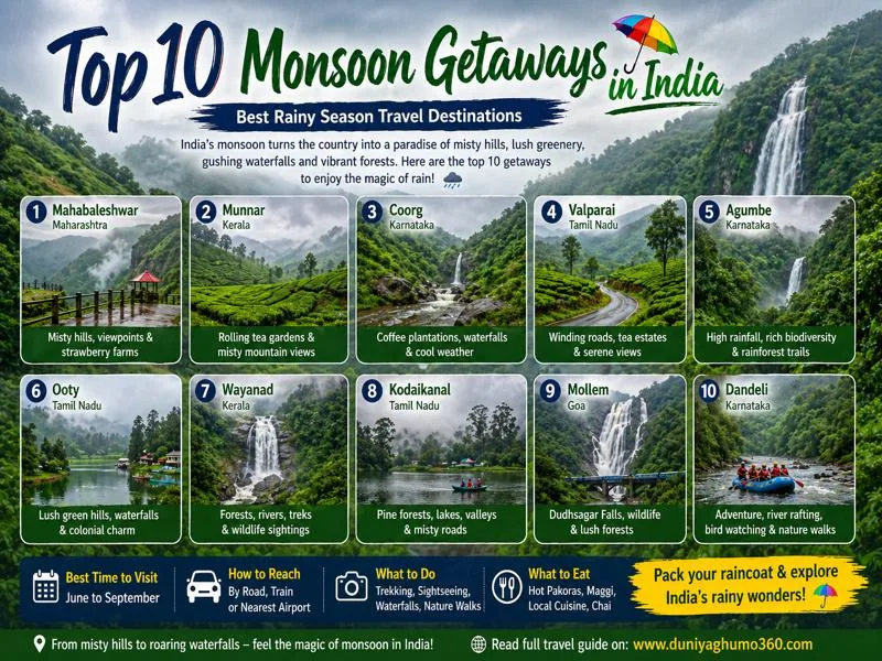 Top monsoon travel destinations in India with waterfalls and hills