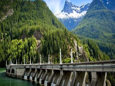 Panoramic view of Bhakra Nangal Dam with water reservoir and surrounding green hills