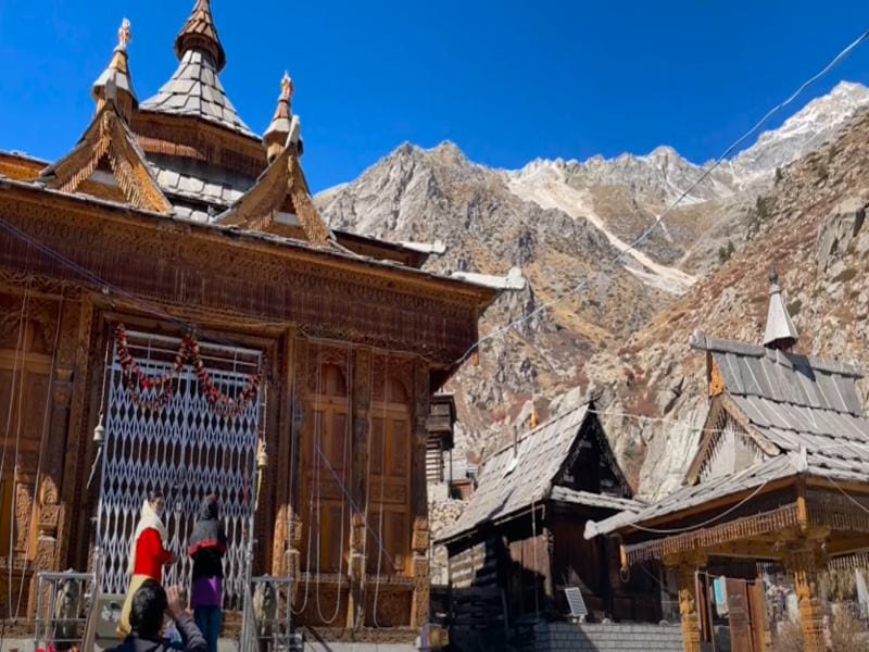 Ancient Mathi Devi Temple in Kinnaur, showcasing traditional Kinnauri architecture with a scenic Himalayan backdrop