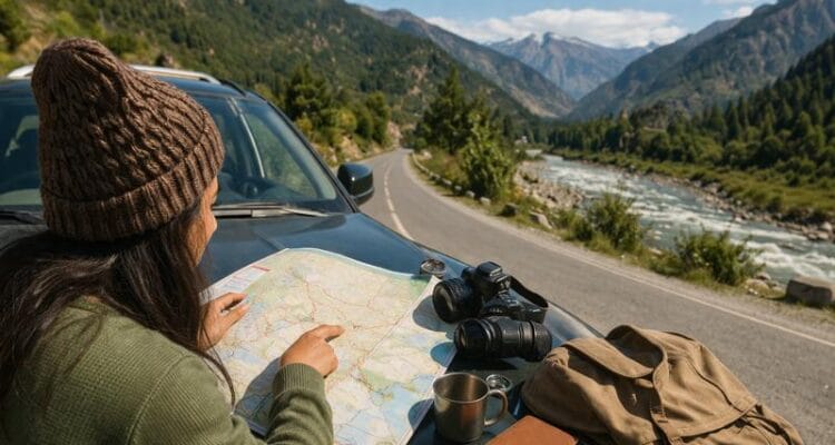 Step-by-step guide on how to plan a road trip with map, car, and travel essentials