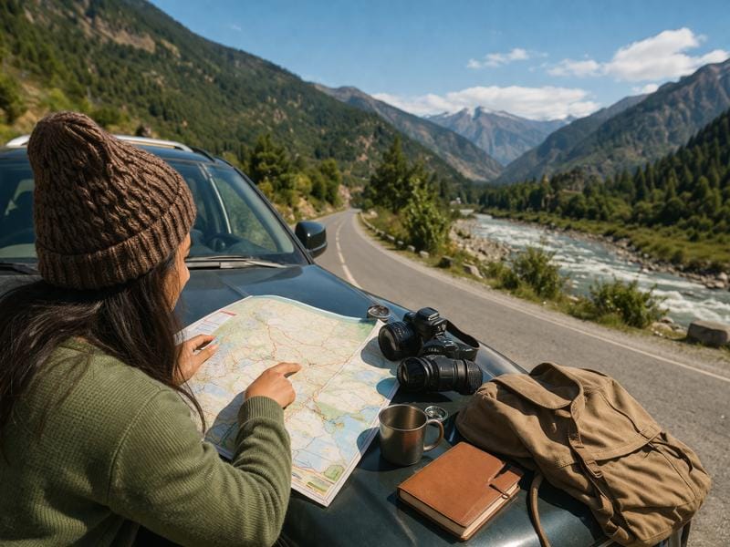 Step-by-step guide on how to plan a road trip with map, car, and travel essentials