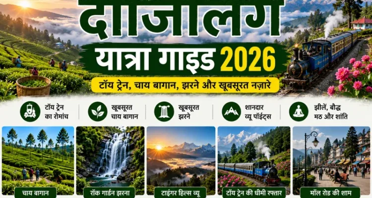 Darjeeling ke chai bagaan aur toy train ka sundar pahadi view