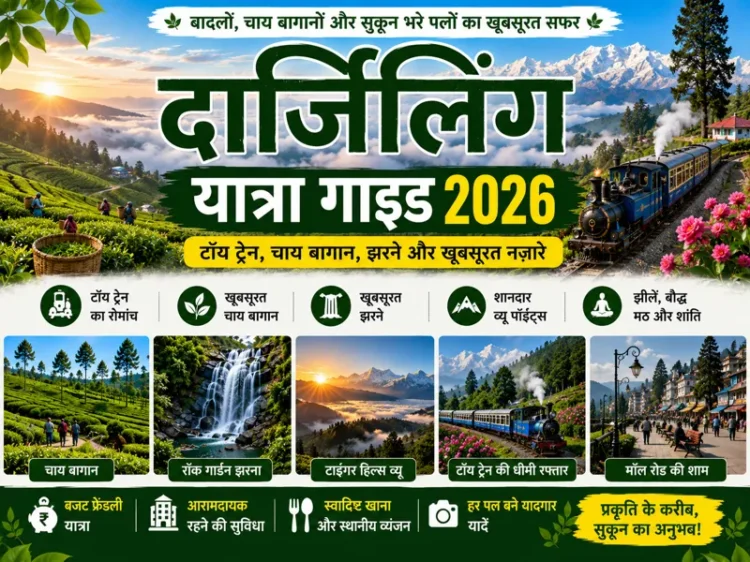 Darjeeling ke chai bagaan aur toy train ka sundar pahadi view