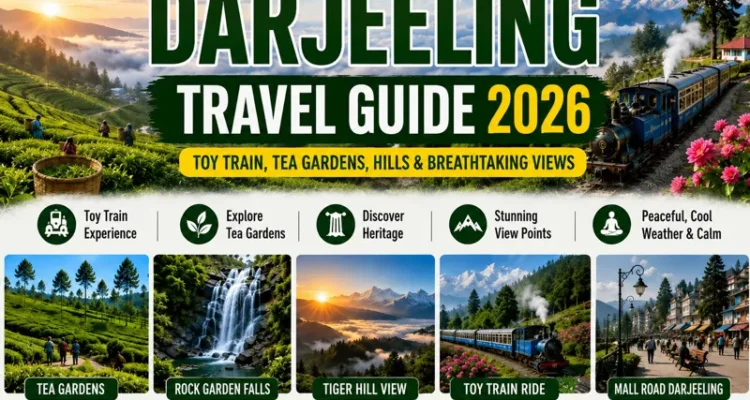 Beautiful Darjeeling hills covered with clouds and tea gardens