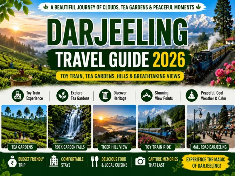 Beautiful Darjeeling hills covered with clouds and tea gardens