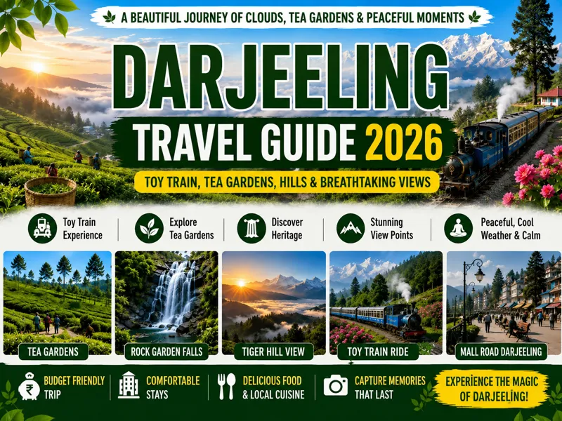 Beautiful Darjeeling hills covered with clouds and tea gardens